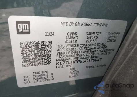 2025 Chevrolet Trax Fwd Lt z USA, uszkodzony, nr VIN KL77LHEP8SC170647